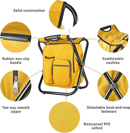 Kikerike Backpack Stool Cooler Chair Heavy Duty 300 LBS Max Load Portable Lightweight Stool Backpack Folding Fishing Cooler Seat for Camping Hunting Fishing - Yellow