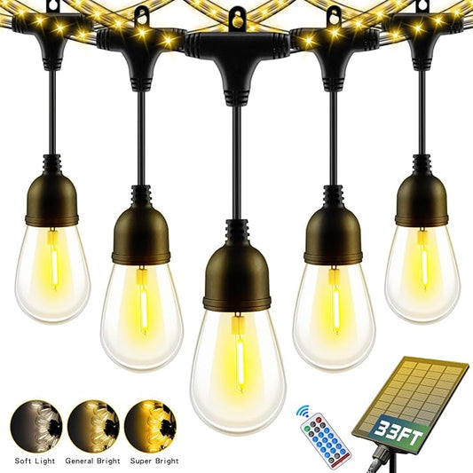33FT Outdoor Solar String Lights Waterproof with USB Port & Remote Control, Solar Patio Lights Long Last for 20+Hrs, Dimmable LED Shatterproof Bulbs, outdoor lights for Camping Backyard Garden