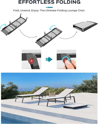 Patio Chaise Lounge Chair Set of 4, Foldable Lounge Chair for Outside, Aluminum Chairs with 5 Adjustable Backrest, Outdoor Pool Lounger for Patio, Lawn, Deck, White