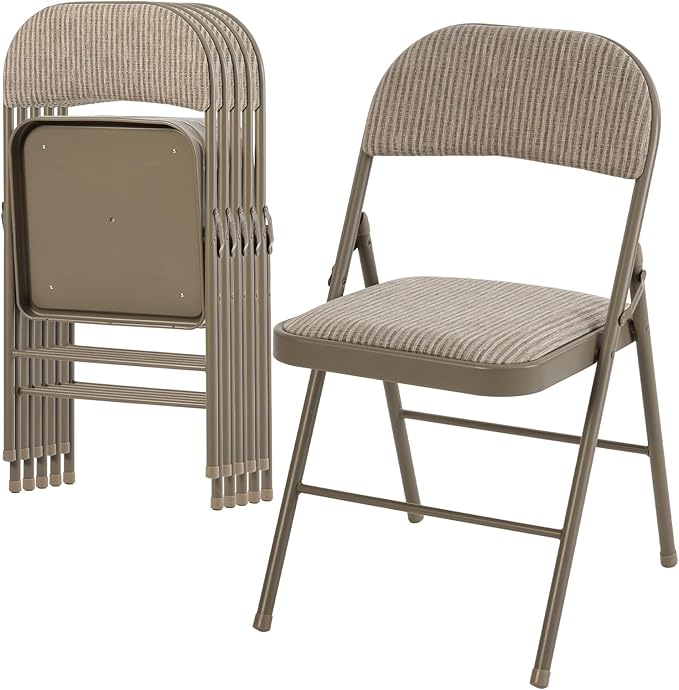 DUMOS 6 Pack Folding Chairs with Padded Cushion and Back - Fabric Stackable Portable Dining Chairs Set, for Home and Office, Conference, Wedding, Party, Patio, Garden, for Indoor Outdoor, Khaki