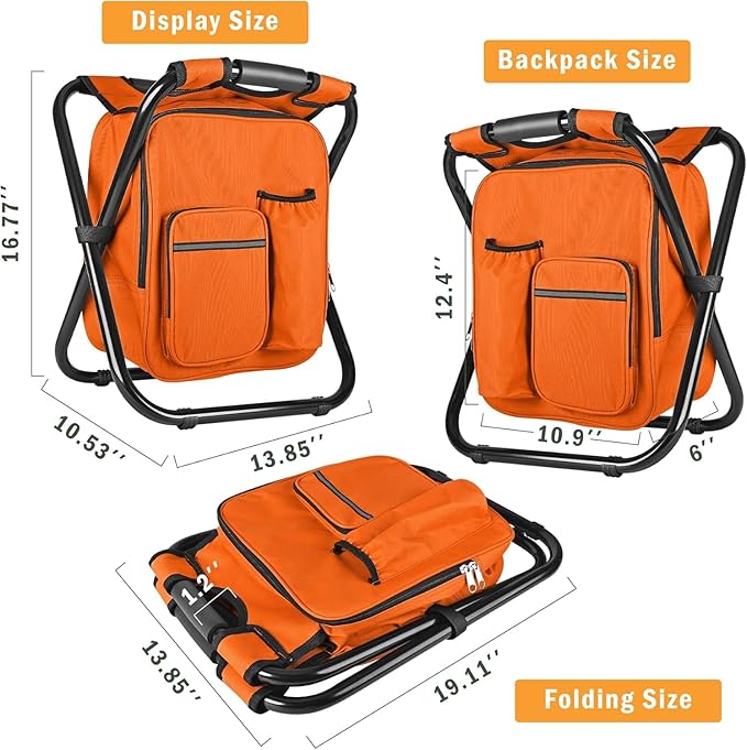 Kikerike Backpack Stool Cooler Chair Heavy Duty 300 LBS Max Load Portable Lightweight Stool Backpack Folding Fishing Cooler Seat for Camping Hunting Fishing - Orange