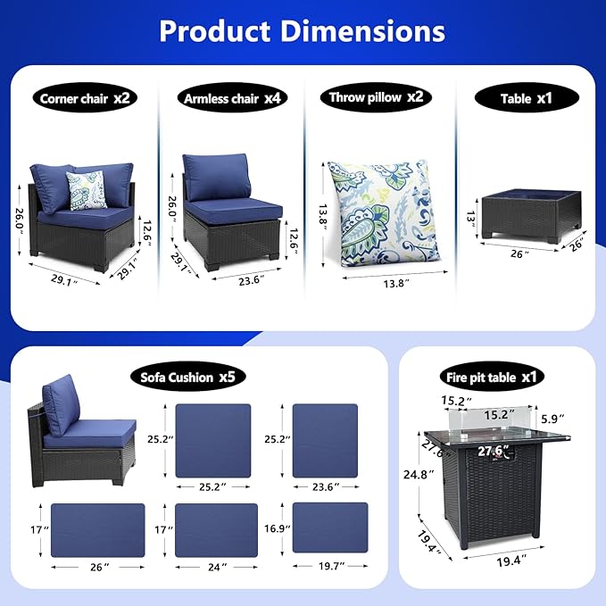 8 Pieces Patio Furniture Set with 28" Fire Pit Table, Wicker Outdoor Sectional Couch, Rattan Conversation Set for Backyard, Deck, Garden Lawn, Coffee/Blue