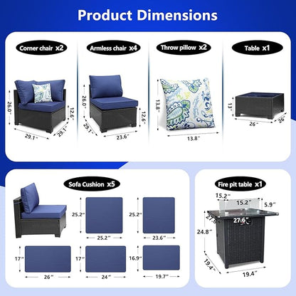 8 Pieces Patio Furniture Set with 28" Fire Pit Table, Wicker Outdoor Sectional Couch, Rattan Conversation Set for Backyard, Deck, Garden Lawn, Coffee/Blue