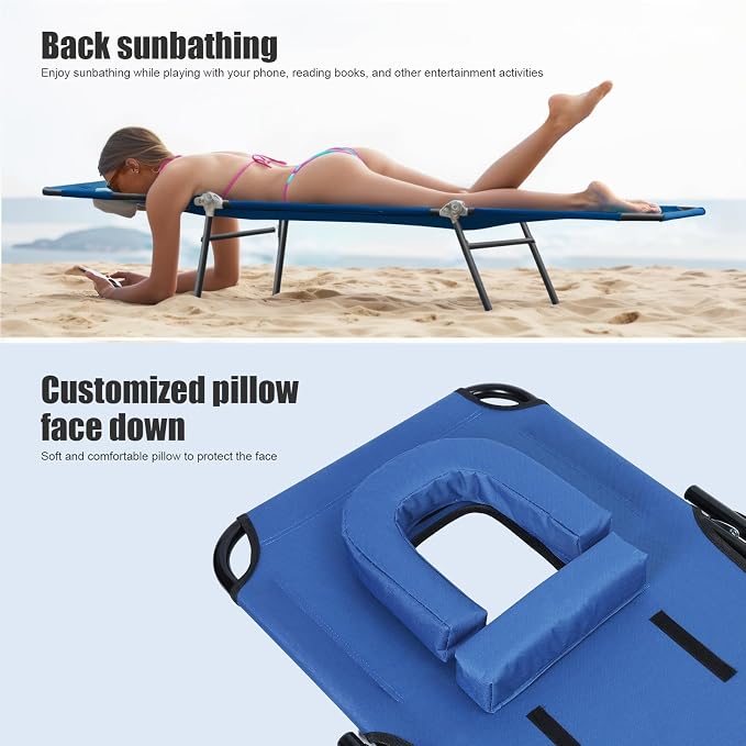 Patio Lounge Chair Reclining Folding Chaise for Indoor Outdoor Adjustable Portable Chair Removable Pillow, Sunbathing Chair for Patio, Poolside, Lawn, Beach (Blue)