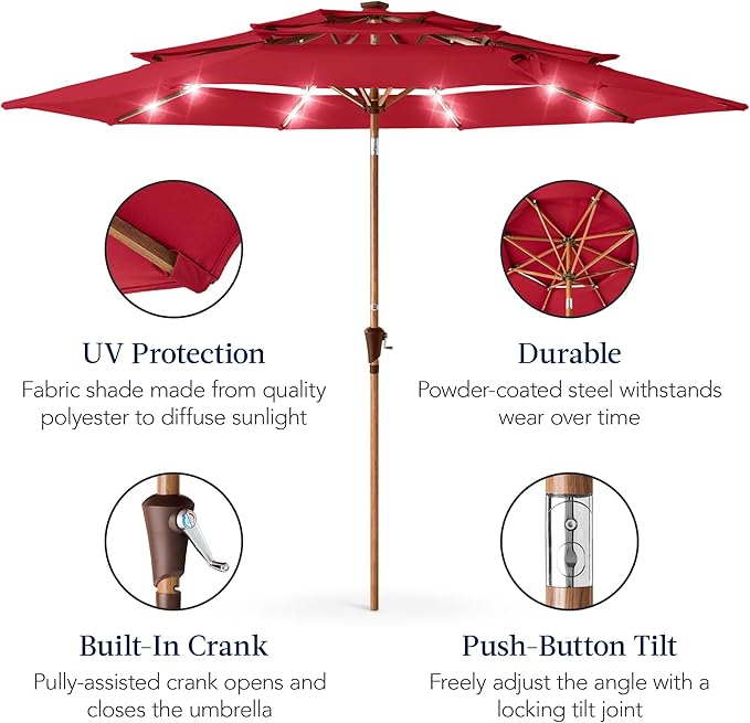 Best Choice Products 10ft 3-Tier Solar Patio Market Umbrella, Outdoor Sun Shade for Backyard, Deck, Poolside, Table w/Woodgrain Pattern, LED Lights, Tilt Adjustment - Red