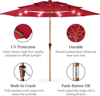 Best Choice Products 10ft 3-Tier Solar Patio Market Umbrella, Outdoor Sun Shade for Backyard, Deck, Poolside, Table w/Woodgrain Pattern, LED Lights, Tilt Adjustment - Red