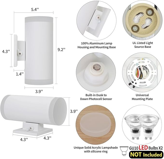 Dusk to Dawn Outdoor Wall Lantern, Waterproof Exterior Wall Sconce, Anti-Rust Aluminum Wall Mount Lighting Cylinder Design – Up and Down Lights Outdoor for Porch, Patio or Garage, 2 Pack