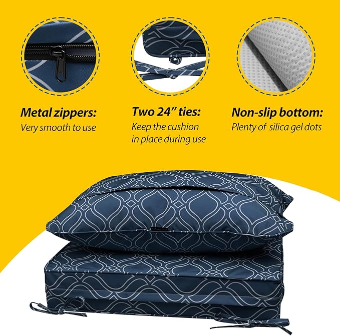 AAAAAcessories Outdoor Seat Cushions for Chairs, Fade-Resistant, Waterproof Patio Furniture Replacement Cushions, 25.5" x 25.5" x 5" + 25.5" x 19", Slate Blue Vine Trellis