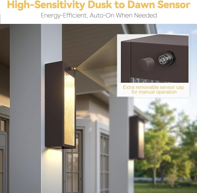 Dusk to Dawn LED Outdoor Wall Light 2 Pack, Bronze 15in Exterior Waterproof Porch Sconces, Large Modern Water Rippleed Outdoor Lighting Wall Mounted Outside Lantern for Garage Front Door