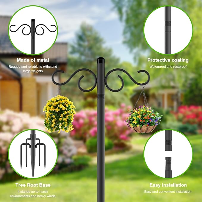 RCUICA Double Shepherds Hooks for Outdoor,1 Pack 55 Inch Bird Feeder Pole with 5 Prongs Base,Heavy Duty Shepherds Hook,Suitable for Garden in Hanging Flower Basket,Lantern,Bird Nests (1 Pack 55 inch)