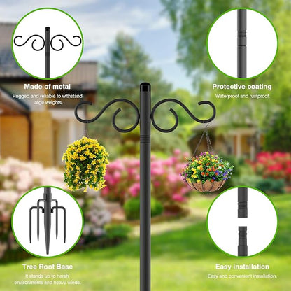 RCUICA Double Shepherds Hooks for Outdoor,1 Pack 55 Inch Bird Feeder Pole with 5 Prongs Base,Heavy Duty Shepherds Hook,Suitable for Garden in Hanging Flower Basket,Lantern,Bird Nests (1 Pack 55 inch)
