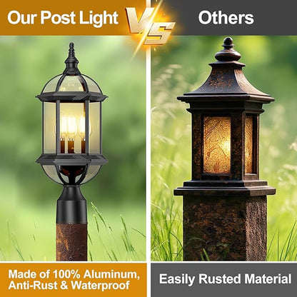 Outdoor Post Lights,19.21" 3-Light Lamp Post Light Fixture,Hardwired 120V Exterior Waterproof Pole Lighting,Modern Black Aluminum Lantern for Garden, Yard, Patio, Pathway