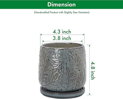D'vine Dev 4 Inch Embossed Leaves Stoneware Planter Pot with Drainage Hole and Saucer, Graphite Blue, 27-A-Z-9