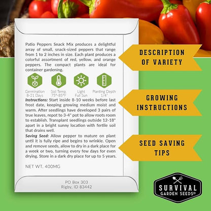 Patio Snack Mix Mini Sweet Pepper Seeds for Planting | Compact Lunchbox-Style Heirloom Variety – Non-GMO Container Garden Peppers – Survival Garden Seeds (1 Pack)
