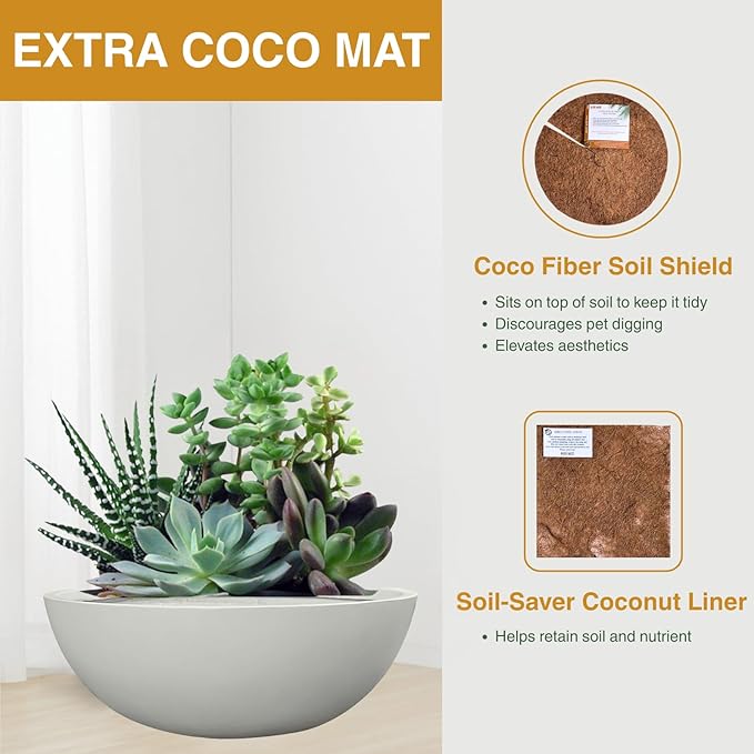 6.9" H x 19.7" D Round Bowl Fiberstone Planter for Succulent and Lotus with Drainage Hole, Smooth Finishes, Weather Resistant, Included 2 Extra Coco Mats (Light Gray, 17.9" Pot Opening)