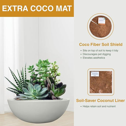 6.9" H x 19.7" D Round Bowl Fiberstone Planter for Succulent and Lotus with Drainage Hole, Smooth Finishes, Weather Resistant, Included 2 Extra Coco Mats (Light Gray, 17.9" Pot Opening)