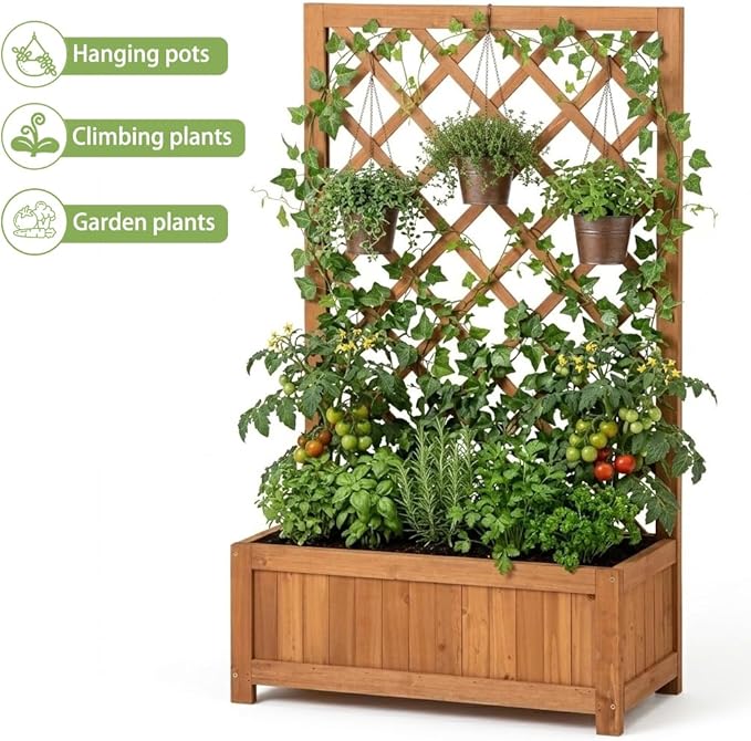 Wooden Raised Garden Bed with Trellis, 40" Outdoor Planter Box for Climbing Plants, Vertical Warm Brown Garden Planter for Vegetables, Flowers & Vines, Lattice Plant Support for Patio Yard Balcony