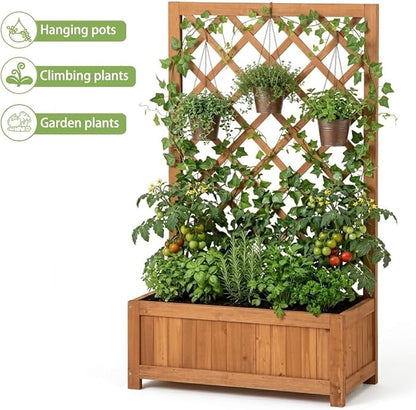 Wooden Raised Garden Bed with Trellis, 40" Outdoor Planter Box for Climbing Plants, Vertical Warm Brown Garden Planter for Vegetables, Flowers & Vines, Lattice Plant Support for Patio Yard Balcony