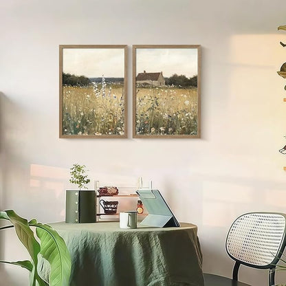 Two Framed Canvas Vintage Wildflower Wall Decor Country House and Wildflower Print Natural Botanical Landscape Wall Decor for Farmhouse Living Room or Bedroom 16x24 Inch