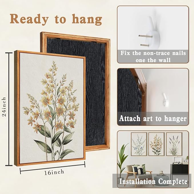 Anyzal Large Framed Botanical Wall Art 16x24 Inch Modern Floral Canvas Art Prints Neutral Beige Wildflower Wall Decor for Living Room Bedroom Dining Room Office Set of 3