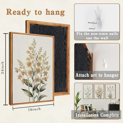 Anyzal Large Framed Botanical Wall Art 16x24 Inch Modern Floral Canvas Art Prints Neutral Beige Wildflower Wall Decor for Living Room Bedroom Dining Room Office Set of 3