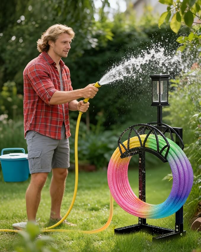 HZE Garden Hose Holder, Freestanding Water Hose Reel Stand for Outside with Solar Light, Heavy Duty Detachable Metal Storage Rack Holds 160 FT for Yard Lawn Farm, Black