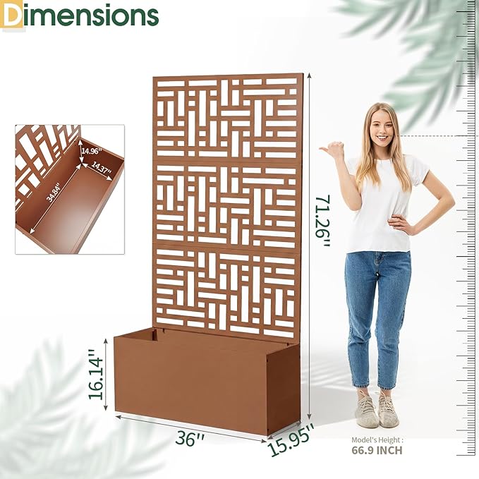 Outvita Metal Planter Box with Trellis, 71’’ x 36’’ x 16’’ Raised Garden Bed with Drainage Holes for Climbing Plants, Vegetables, Vines, Privacy Planters for Patio (Brown)