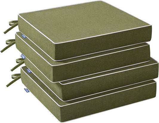 MIULEE Green Outdoor Chair Cushions Set of 4, 19x19x3 Inch Waterproof Patio Seat Cushions for Outdoor Furniture Couch Sofa, 3 Year Color Fastness High Density Foam with Adjustable Ties
