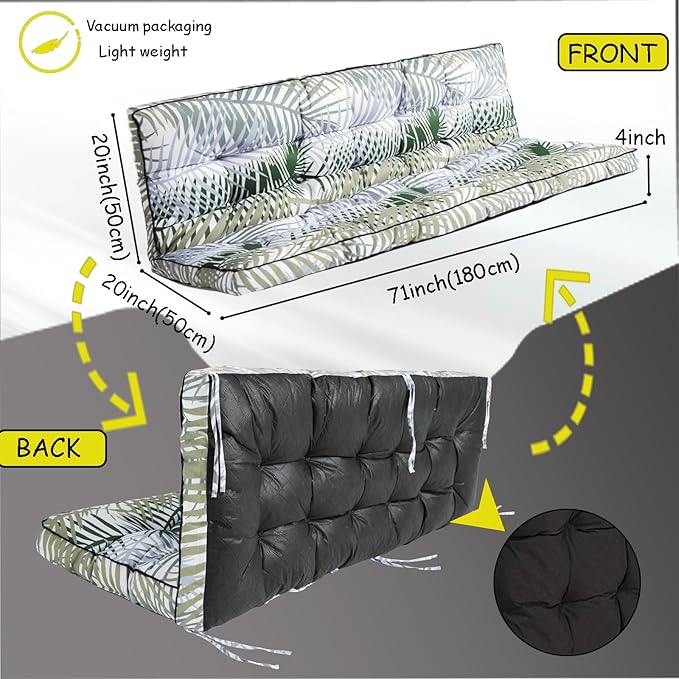 Porch Swing Cushion Three Seat, Waterproof Swing Cushions Replacement with Backrest, Outdoor Garden Furniture Patio 4" Thickened Cushions with Ties (Bamboo Leaves, 40 x 71in)
