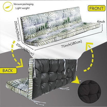 Porch Swing Cushion Three Seat, Waterproof Swing Cushions Replacement with Backrest, Outdoor Garden Furniture Patio 4" Thickened Cushions with Ties (Bamboo Leaves, 40 x 71in)