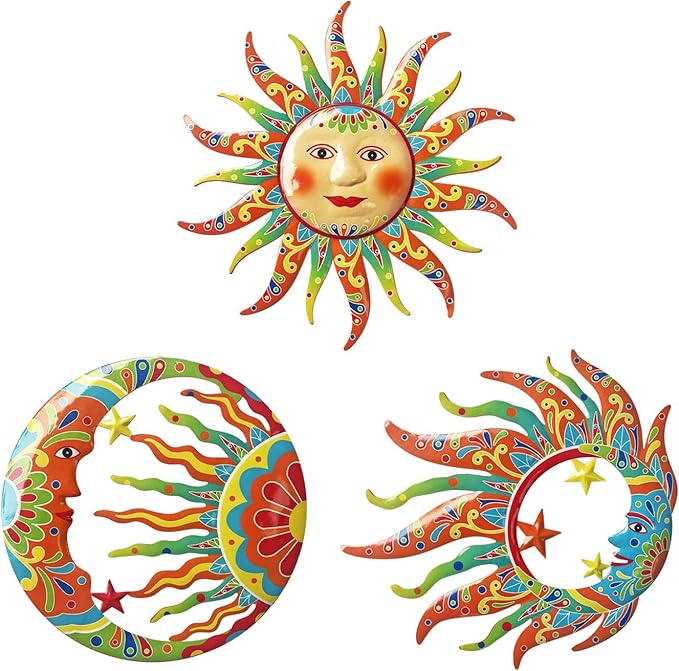 VividLadybug Metal Sun Moon Wall Art Decor,set of 3,Vivid Sun Moon Metal Wall Decor,Colorful Sun Face Sculptures, Indoor Outdoor Wall Decor Fence Garden Courtyard Decoration,wall art decor,hanging decor