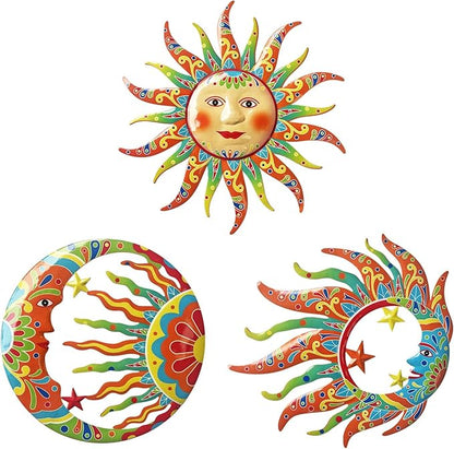VividLadybug Metal Sun Moon Wall Art Decor,set of 3,Vivid Sun Moon Metal Wall Decor,Colorful Sun Face Sculptures, Indoor Outdoor Wall Decor Fence Garden Courtyard Decoration,wall art decor,hanging decor