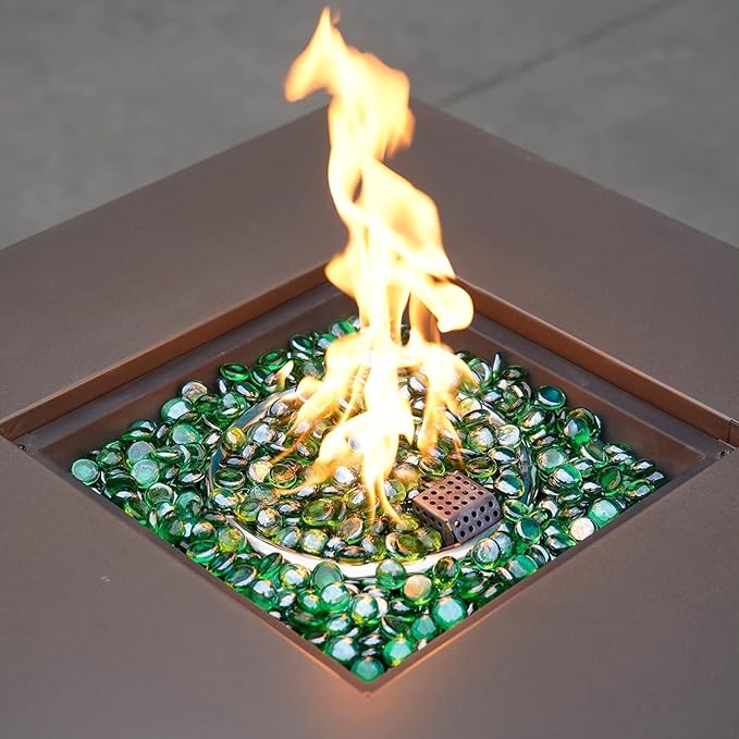 onlyfire Flat Fire Glass Beads for Propane Fire Pit, 1/2 Inch Reflective Firepit Glass Rocks 10 Pounds Flat Marbles for Gas Fireplace and Fire Pit Table, Emerald Green