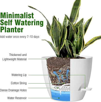 UOUZ Large Self Watering Pots, 12/10/9 Plastic Planters with High Drainage Holes and Deep Reservoir for Indoor Outdoor Garden Plants and Flowers, White