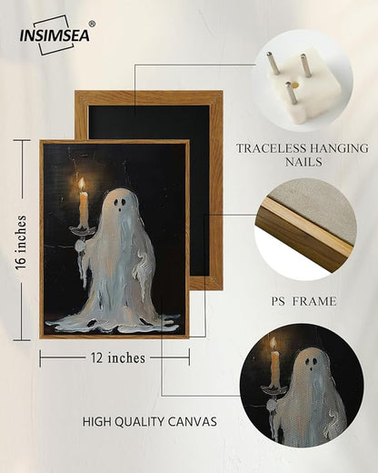 InSimSea Framed Canvas Art Prints, Vintage Halloween Decor, 12x16inch, Cute Spooky Ghosts Decor for Bedroom Kitchen Living Room shelf Fireplace, Dark Academia Gothic Pictures