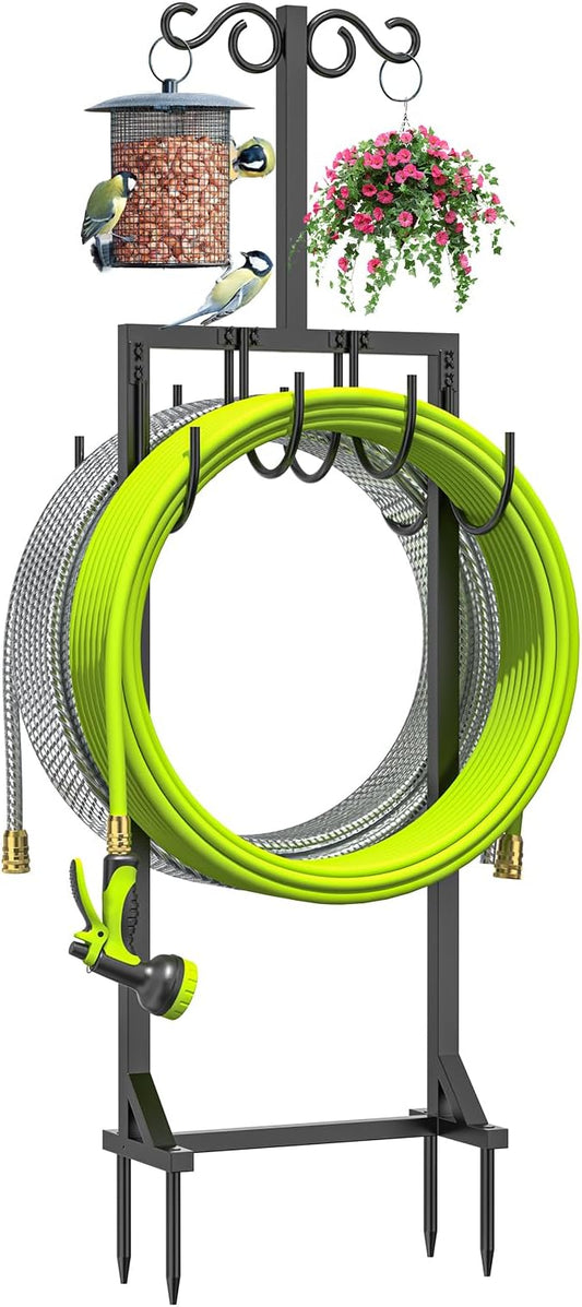Heavy Duty Garden Hose Holder for Outside - Dual Side Hooks & Shepherd Hook - Freestanding Water Hose Holder - Holds Bird Feeders/Lights/Plants - Sturdy Hose Reel for Outside