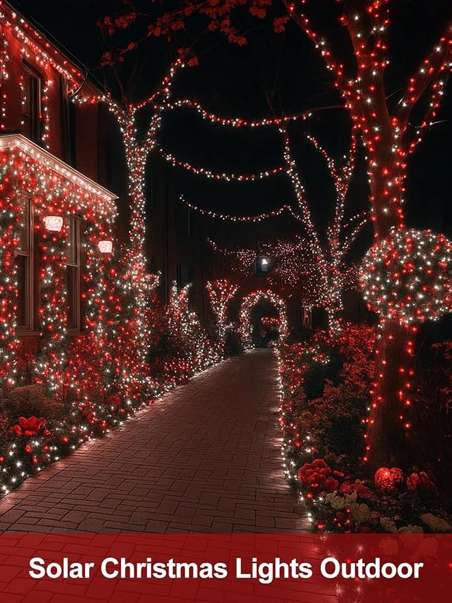 4 Pack Red and White Solar Christmas Lights Outdoor Waterproof, 132FT 400LED Solar String Lights Green Wire Fairy Lights, Solar Twinkle Lights with 8 Lighting Modes for Xmas Garden Decorations