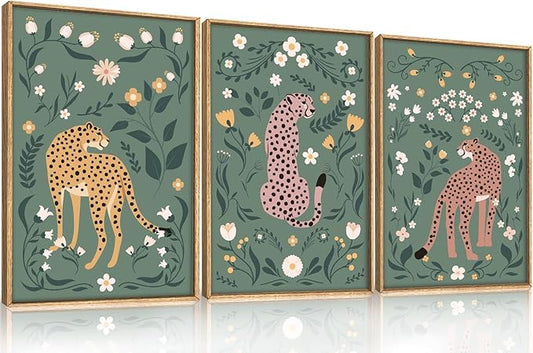 KAIRNE Sage Green Cheetah Framed Canvas Wall Art Set,Boho Leopard Floral Wall Decor,Abstract Animal Wildflower Art Prints,Modern Botanical Artwork for Living Room,Bedroom,Farmhouse,Office-16 x24 x3