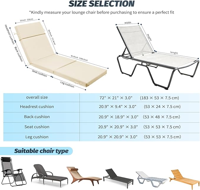 2 Pcs Outdoor Chaise Lounge Cushion 72" x 21" x 3", 4-Section Folding Patio Lounge Chair Cushion with Ties, Waterproof & Fade Resistant Replacement Cushion for Pool, Patio, Deck (Beige, 2 Pcs)