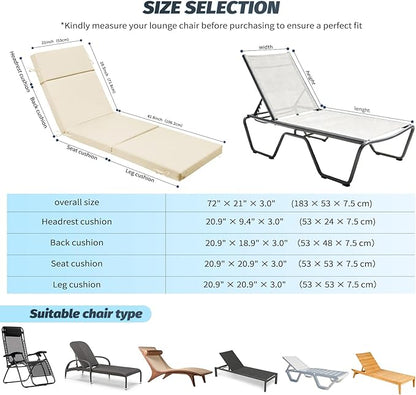 2 Pcs Outdoor Chaise Lounge Cushion 72" x 21" x 3", 4-Section Folding Patio Lounge Chair Cushion with Ties, Waterproof & Fade Resistant Replacement Cushion for Pool, Patio, Deck (Beige, 2 Pcs)