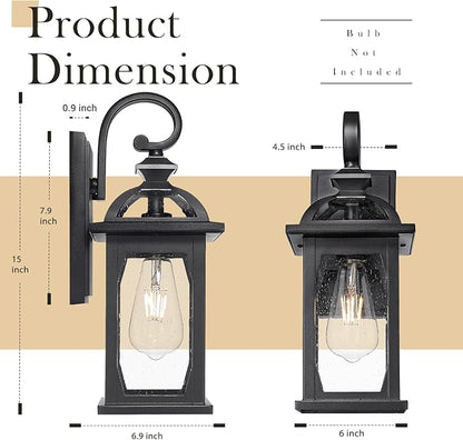 zeyu Outdoor Porch Light Wall Light Fixture, 15 Inch Exterior Wall Lighting for House, Die-Cast Aluminum with Seeded Glass, Black Finish, ZD100B BK