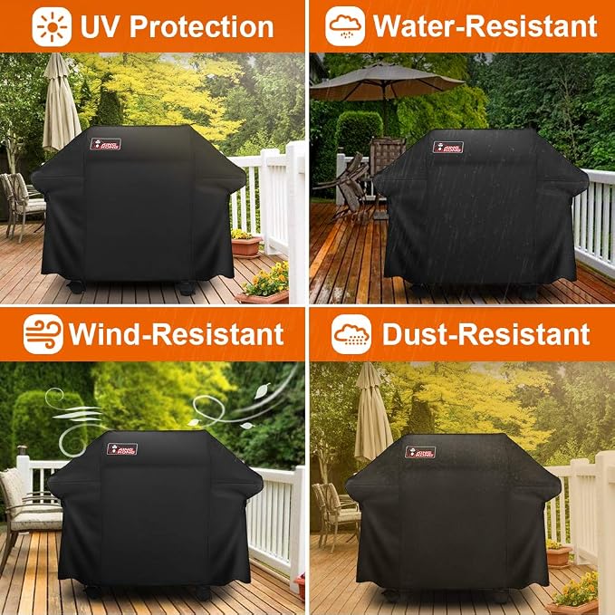 Kingkong Gas Grill Cover | Fits Weber Genesis E & S Series, Char-Broil 4 Burner | Includes Grill Brush, Tongs & Thermometer
