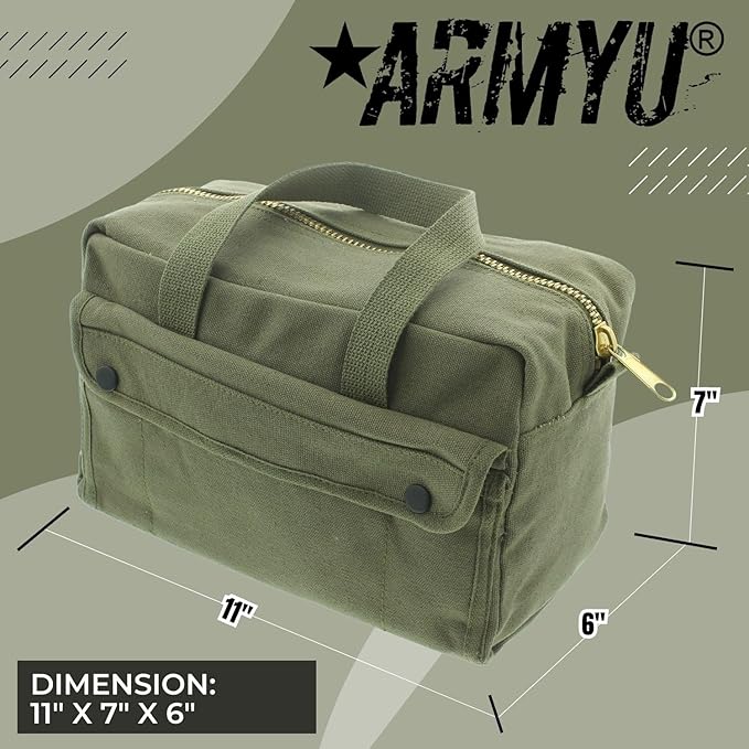 ARMYU Heavy Duty Small Tool Bag Tactical Cotton Canvas Mechanics Bag, 11" x 7" x 6", Olive - Brass Zipper