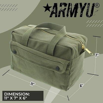 ARMYU Heavy Duty Small Tool Bag Tactical Cotton Canvas Mechanics Bag, 11" x 7" x 6", Olive - Brass Zipper