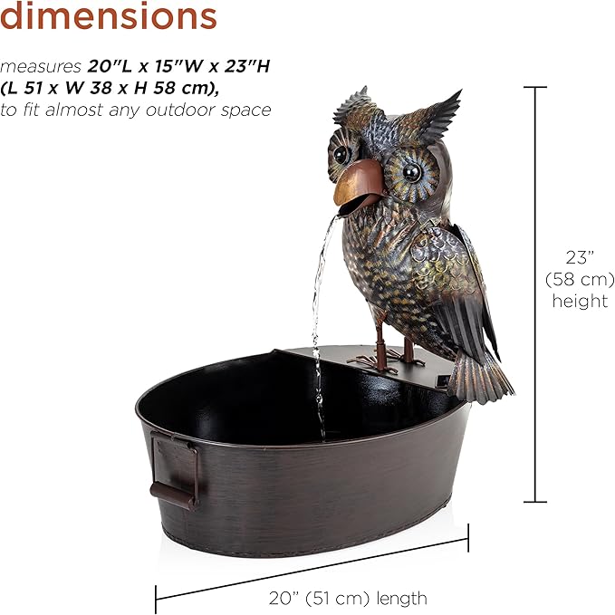 Alpine Corporation NCY294 23" Outdoor Floor Soothing Metal Water Fountain, Vintage Owl Garden Water Feature with Cascading Water for Patio & Backyard Décor, Brown