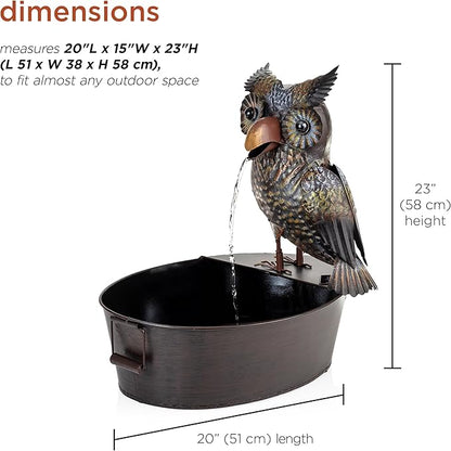 Alpine Corporation NCY294 23" Outdoor Floor Soothing Metal Water Fountain, Vintage Owl Garden Water Feature with Cascading Water for Patio & Backyard Décor, Brown
