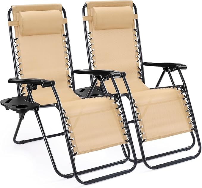 Alpen Set of 2 Outdoor Chairs, Lounge Chair with Cup Holder, Grey Foldable Tanning Chair for Poolside Patio Backyard and Outdoor Camping, Khaki