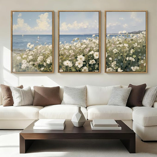 Anyzal Large Farmhouse Flower Framed Wall Art 16x24 Inch Coastal Wildflower Canvas Wall Decor Modern Landscape Painting for Living Room Bedroom Dining Room Set of 3