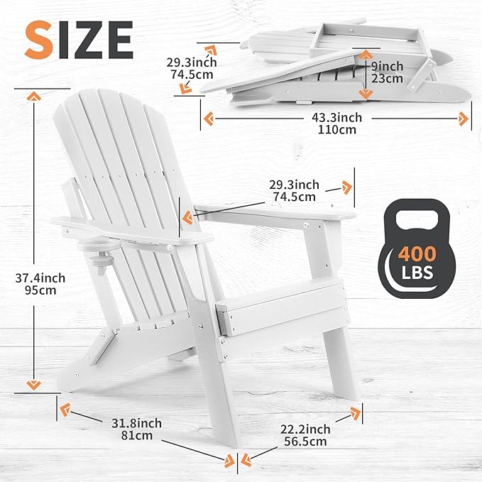 FUNBERRY Folding Adirondack Chair Set of 2, All Weather HDPE Fire Pit Chairs with Cup Holder for Outdoor