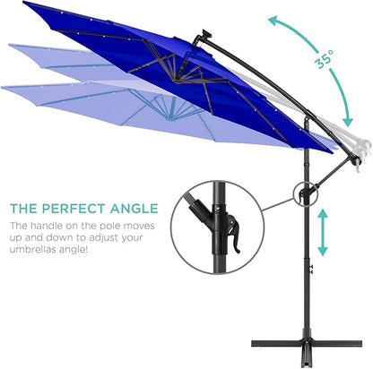 Best Choice Products 10ft Solar LED Offset Hanging Market Patio Umbrella for Backyard, Poolside, Lawn and Garden w/Easy Tilt Adjustment, Polyester Shade, 8 Ribs - Resort Blue
